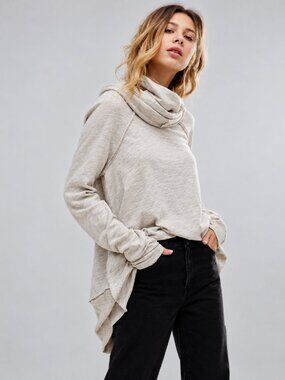 Free People Beach Cocoon Cowl Neck Pullover Tunic Top Cream Tan One Size